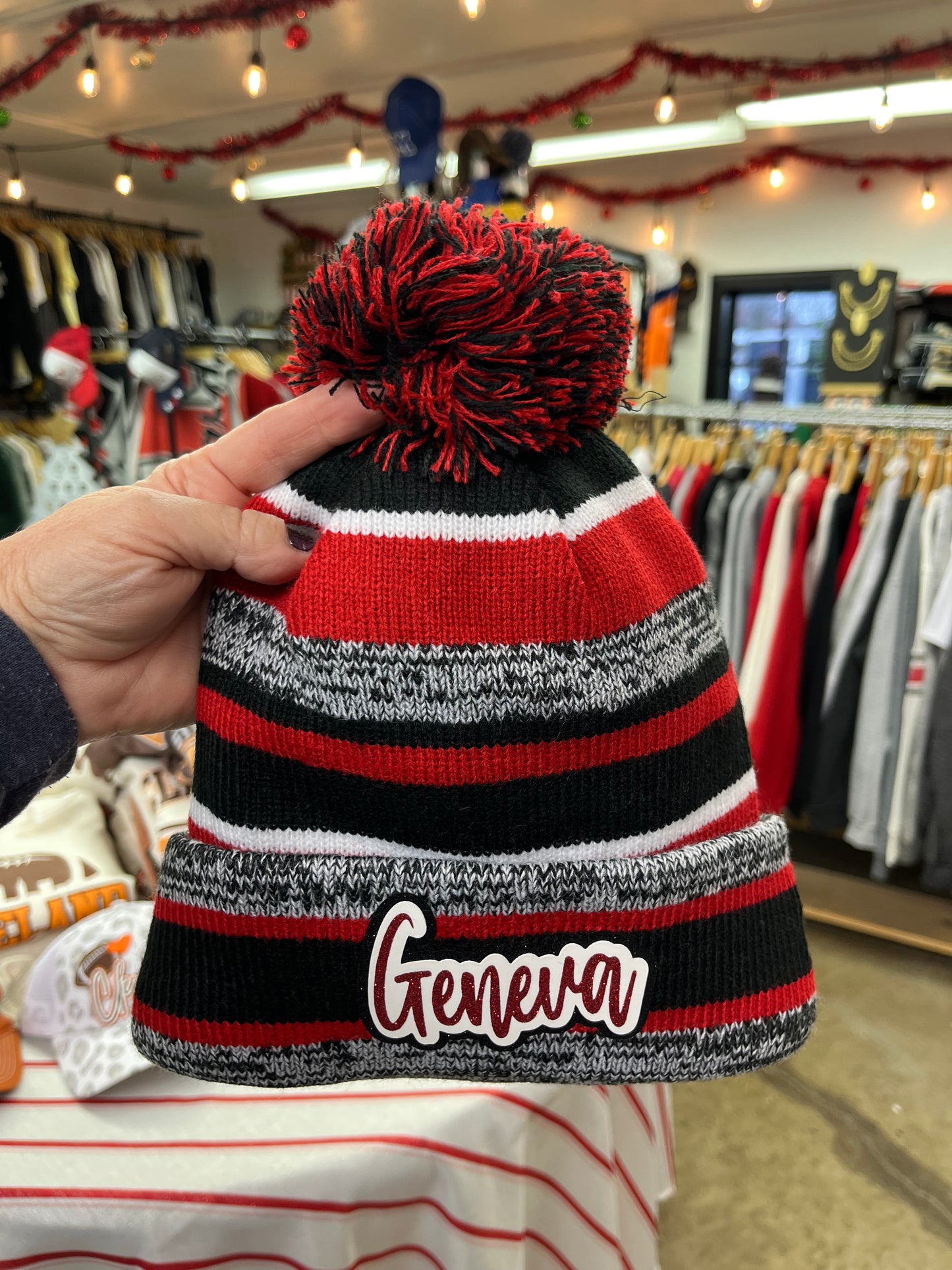 New Era beanie with school/mascot glitter patch