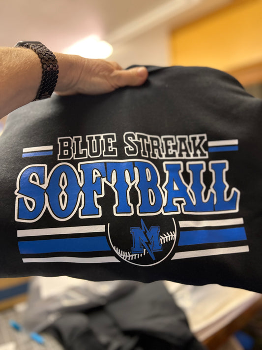 Softball with mascot inside half ball and stripes