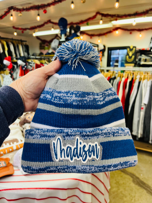 New Era beanie with school/mascot glitter patch