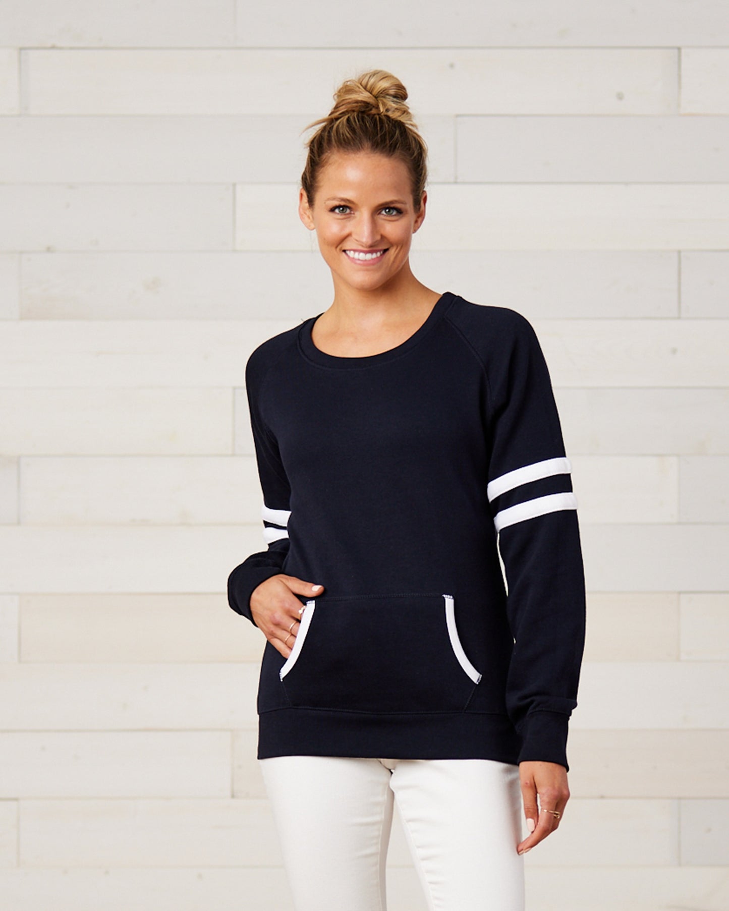 Enza Women's Striped Sleeve Crew Sweatshirt 370