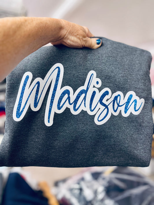 Pocket crew sweatshirt with script mascot/school