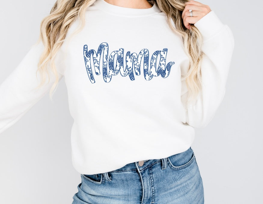Mama willow blue print crew sweatshirt