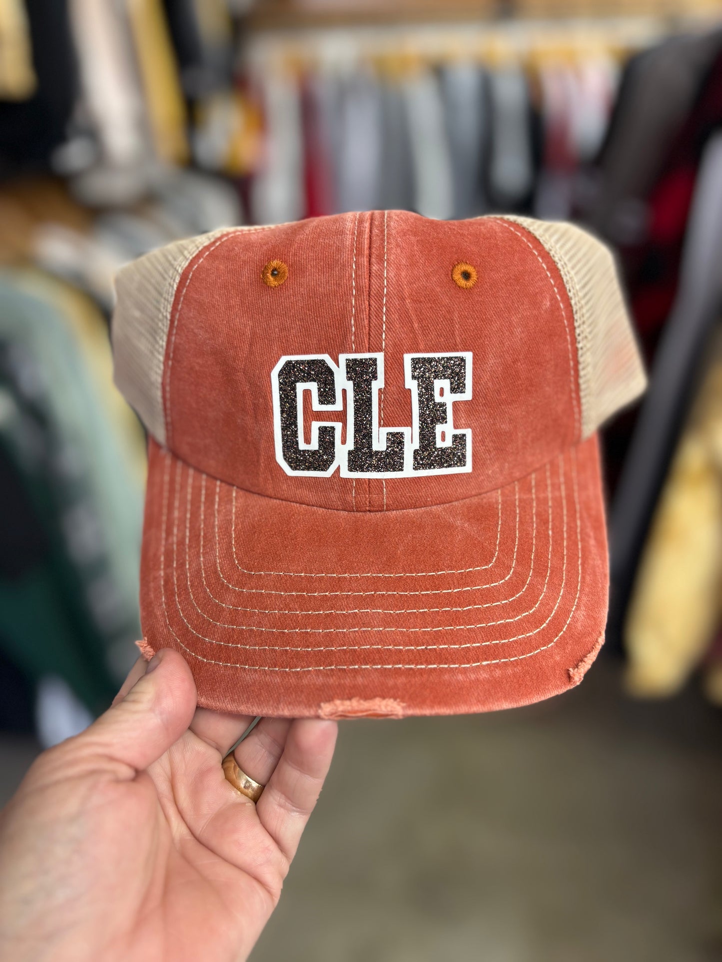 CLE distressed glitter hat