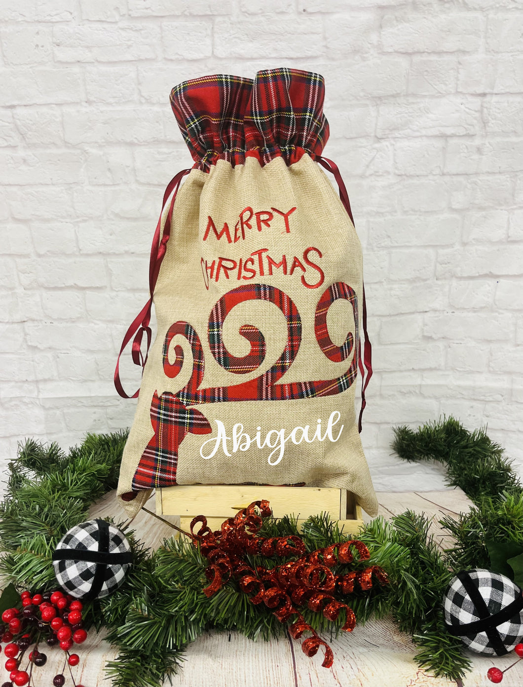 Santa sack - merry Christmas plaid reindeer