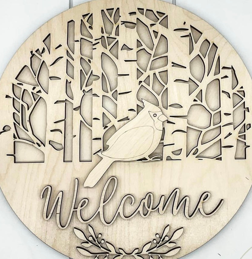 Cardinal welcome laser 3d round birch diy
