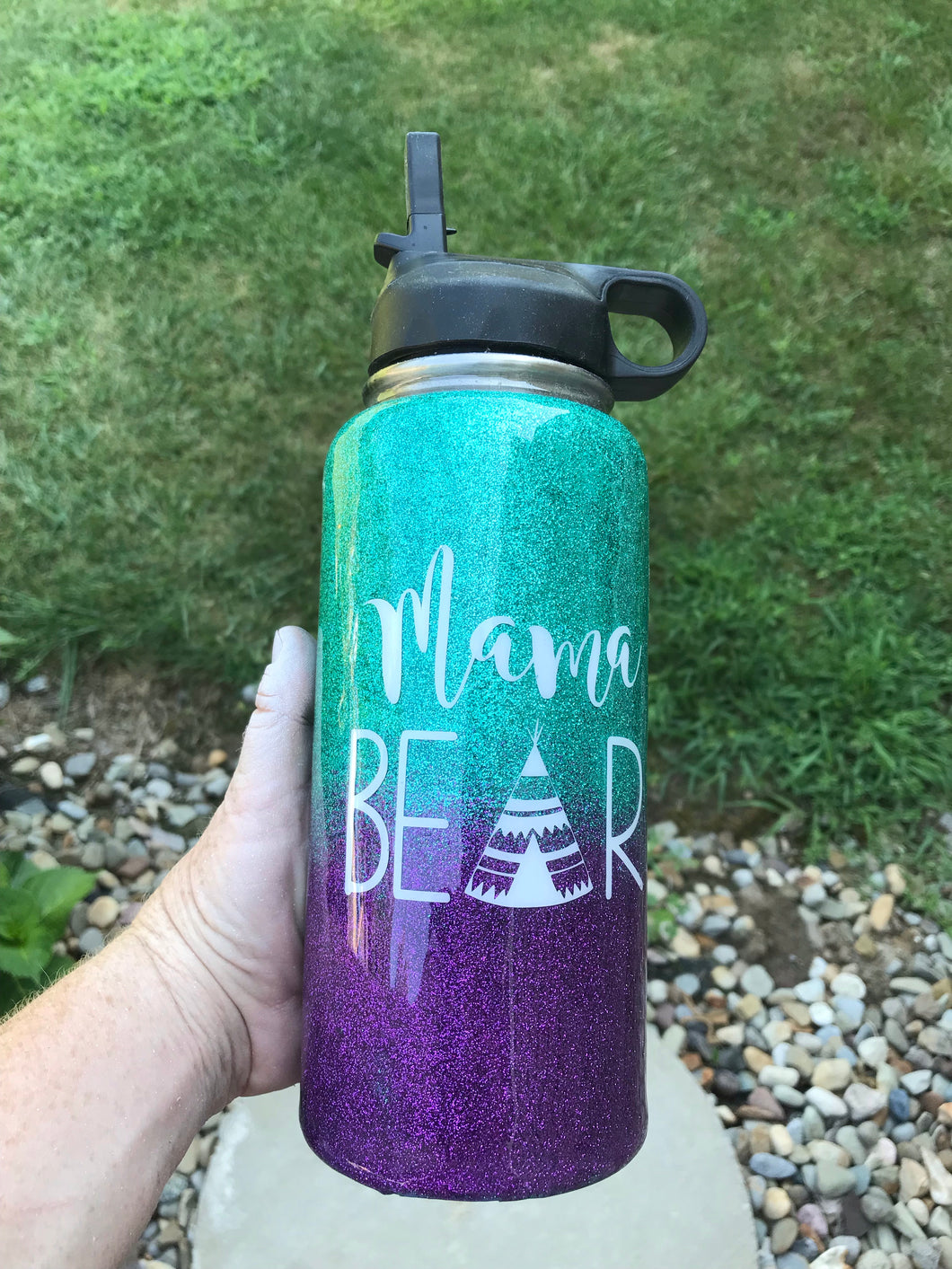 Mama Bear water bottle with name full glitter 32oz