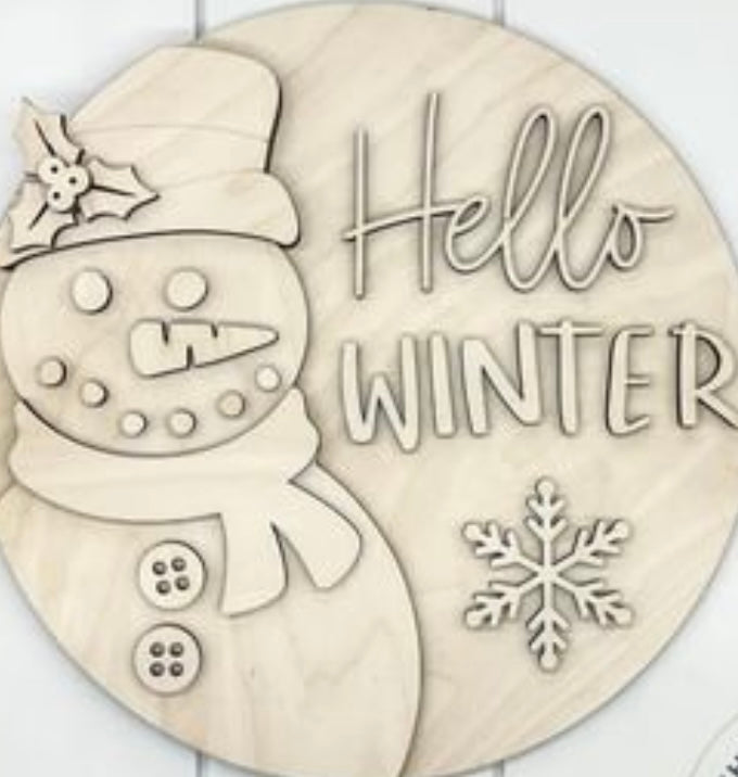 Hello winter snowman laser birch diy 3d cut out round